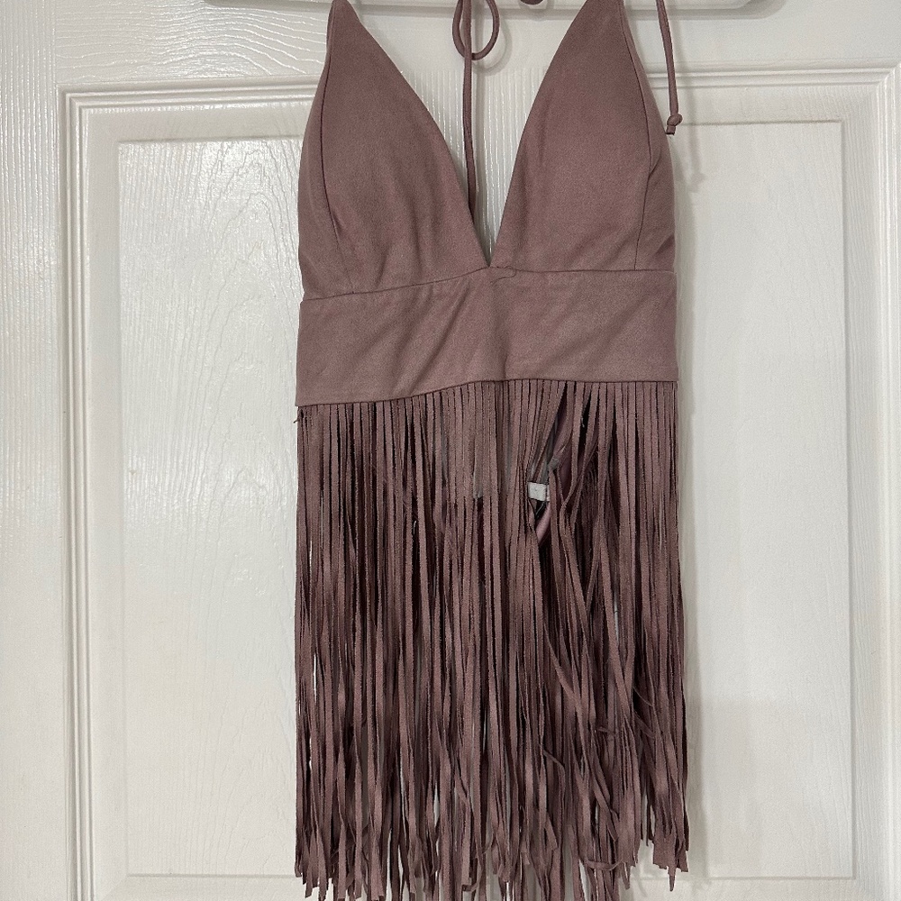 Charlotte Russe Mauve Faux Suede Fringe Halter top